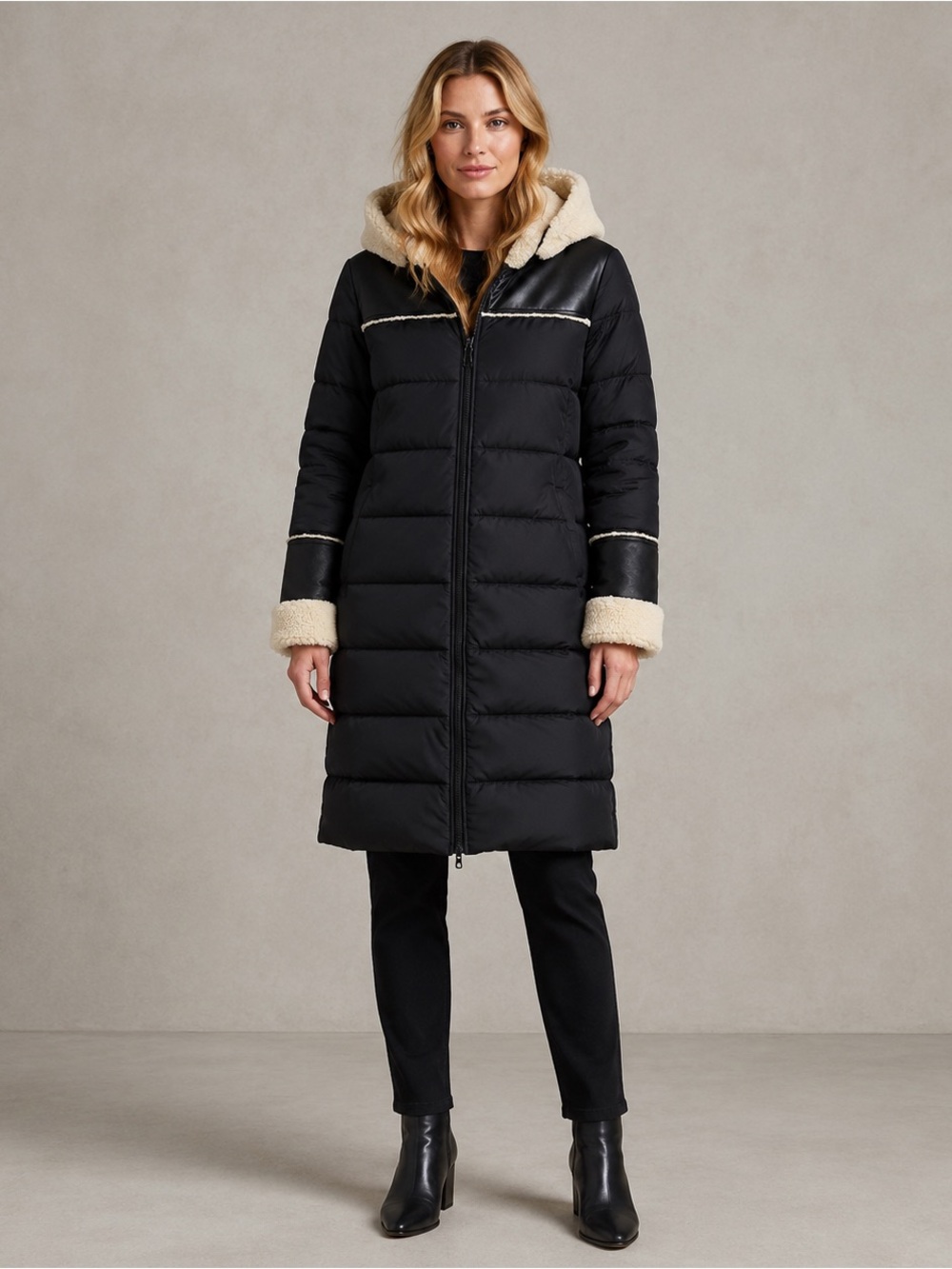 Tahari Demi Black Faux Shearling Leather Trim Hooded Puffer Coat
